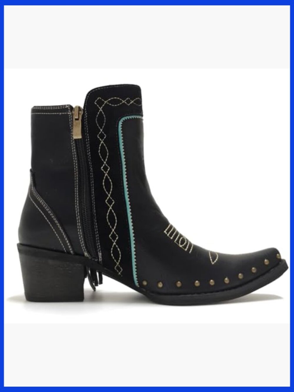 Fringe Studded Cowboy Ankle Booties with Turquoise Stones - Picture 6 of 7
